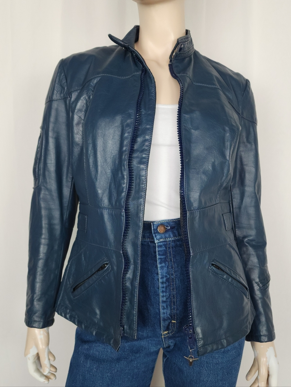 Vtg 80s Dropos blue leather moto jacket XS-S